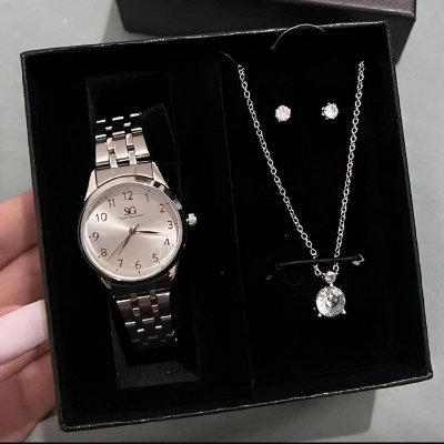 💎 Kit Relógio Colar Brincos Prata Feminino Saint Germain