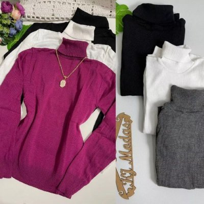 Kit 3 Blusa Gola Alta Tricot Feminina - Opções de Cores
