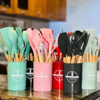 Kit com 12 Utensílios de Cozinha Silicone Cabo Madeira
