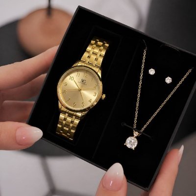 ✨ Kit Relógio Colar e Brincos Ponto de Luz Dourado