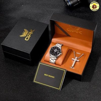 ⌚ Opk Original Conjunto De Relógio E Colares Masculino 6010 Prateado Preto