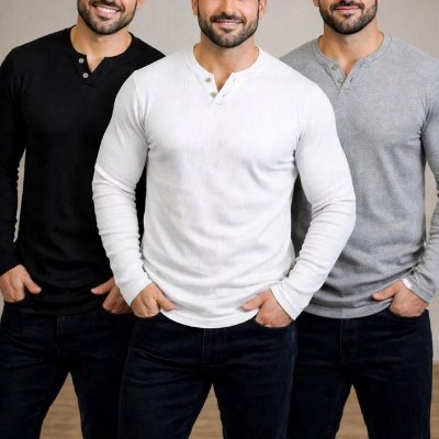 Kit com 3 Camisetas Henley Manga Longa