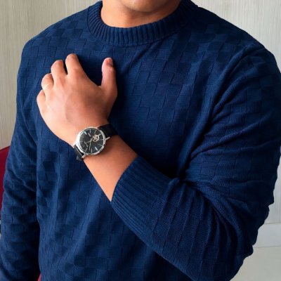 Suéter Masculino Lã Tricot Xadrez Manga Longa