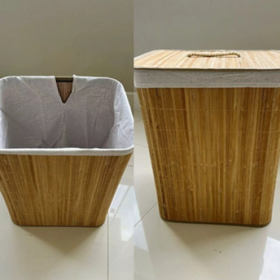 Cesto de Roupa Suja Bambu Tampa Alças 50L