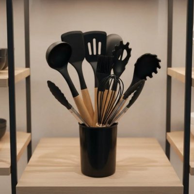 Kit Com 12 Utensílios De Cozinha Silicone Cabo De Madeira