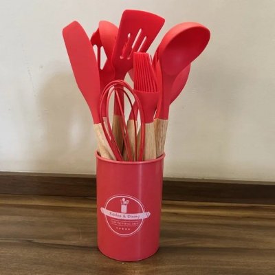 Kit C/12 Utensílios De Cozinha Silicone Cabo Madeira