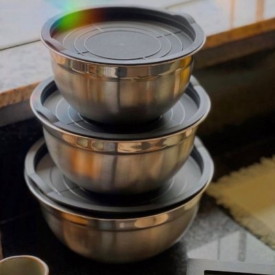 Conjunto 3 Bowls Inox C/ Tampas Plásticas Vittak