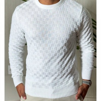 Suéter Masculino Lã Tricot Manga Longa Xadrez