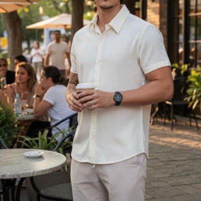 Camisa Masculina de Linho Manga Curta Verão