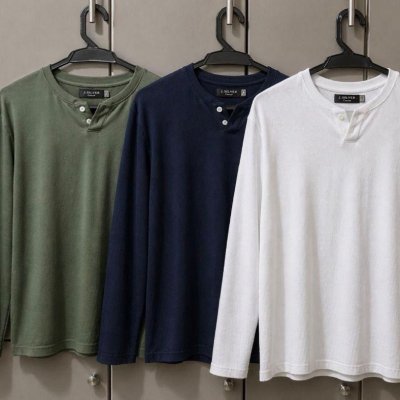 Kit 3 Camisetas Henley Slim Manga Longa