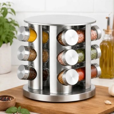 Porta Temperos Giratório 360° com 12 Potes Vidro 85ml Inox