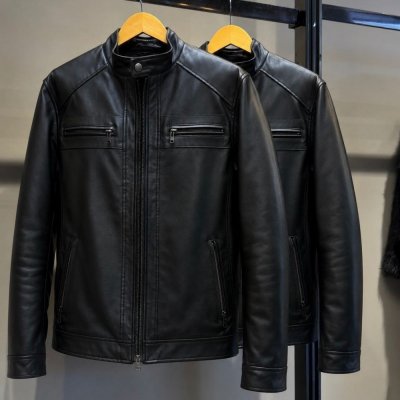 Jaqueta de Couro Masculina Slim Forrada