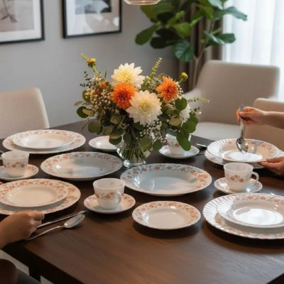Aparelho De Jantar E Chá/café 20 Peças Vidro Opaline Branco