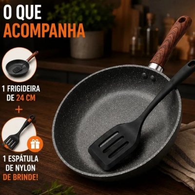 KIT PARA OS OVINHO DE TODO DIA Frigideira Antiaderente Cerâmica Granito 24cm com Espátula