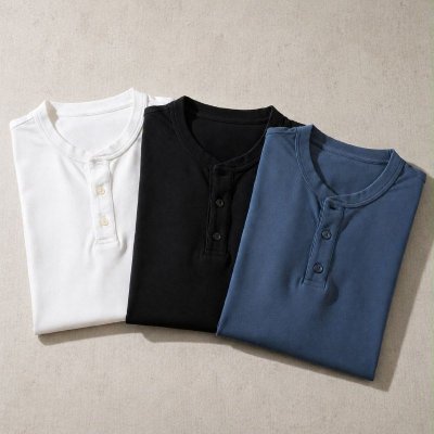 Kit com 3 Camiseta Henley Slim 2 Botões Manga Longa