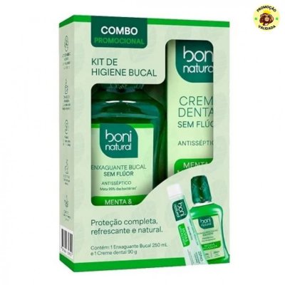 BONI NATURAL - Kit Higiene Bucal – Creme Dental Menta e Melaleuca 90g + Enxaguante Bucal Menta e Melaleuca 250ml – Sem Flúor, Sem Triclosan