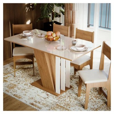 Mesa de Jantar 4 Cadeiras Estofadas MDF Vidro
