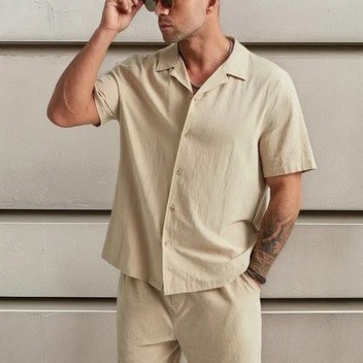Conjunto Casual Linho Masculino Camisa e Bermuda