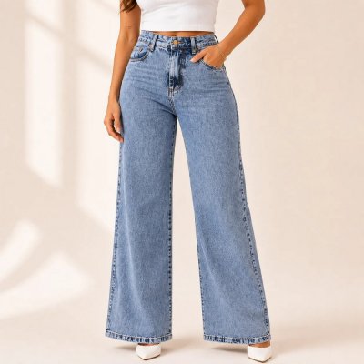 Calça Jeans Pantalona Wide Leg Feminina Cintura Alta