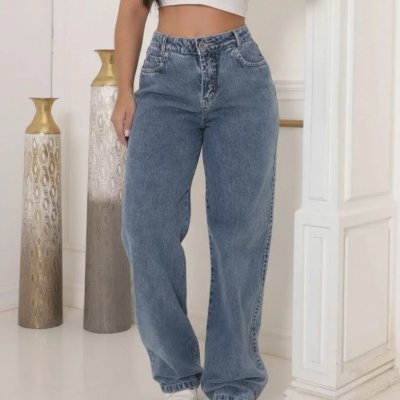 Calça Jeans Wide Leg Feminina Cintura Alta