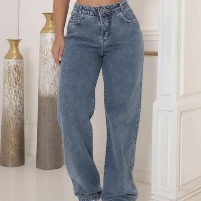 Calça Jeans Wide Leg Cintura Alta Sem Lycra Stillge