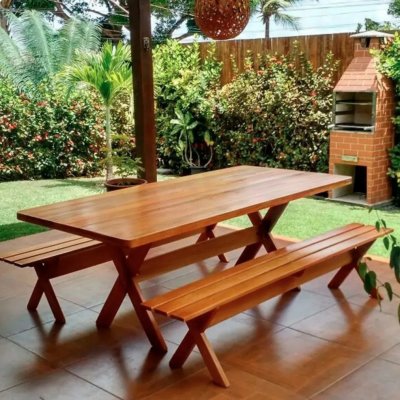 Mesa Rústica com Bancos Madeira Churrasco 2,00m