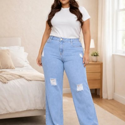 Calça Jeans Feminina Plus Size Wide Leg