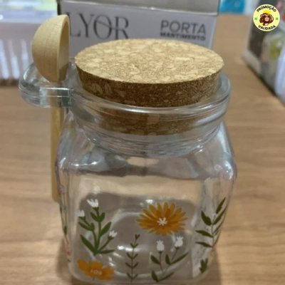 LYOR - Porta Mantimento Redondo de Vidro com Tampa e Colher de Bambu Flora 240ml - Organização de Alimentos