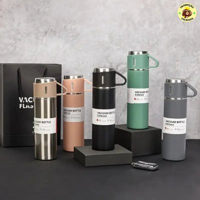 Kit Garrafa Térmica Com 3 Xíca Inox Elegante 500ml