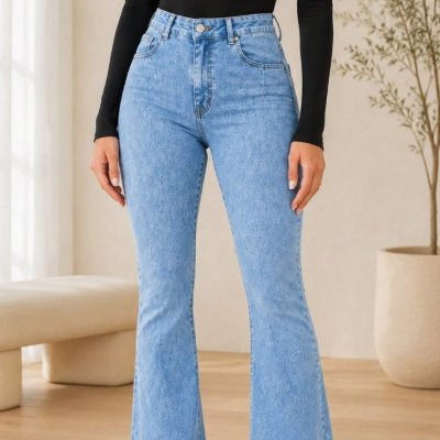 Calça Jeans Flare Marmorizada Cos Alto Com Lycra