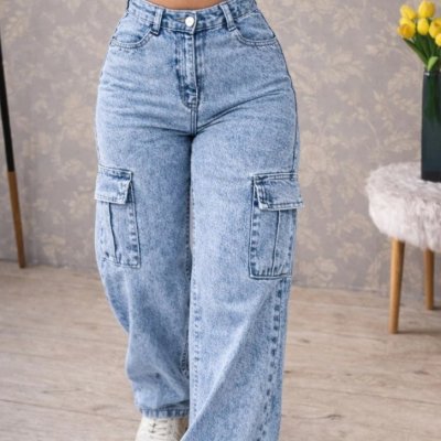 Calça Wide Leg Jeans CARGO Cintura Alta Sem Lycra
