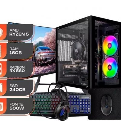 PC Gamer Forge Ryzen 5, RX 580, 16GB, SSD 240GB, Monitor 23 180Hz