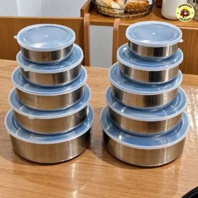 Cumbucas No Precinho Jogo com 10 Potes Tigelas Em Inox Com Tampa