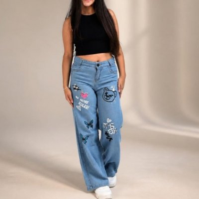 Calça jeans wide leg infantil juvenil 10 aos 16