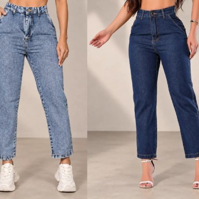 Calça Jeans Mom Feminina Cintura Alta Reta Barra Soltinha (2 Cores)