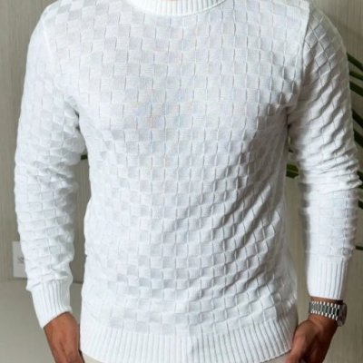 Suéter Masculino Lã Tricot Manga Longa Xadrez