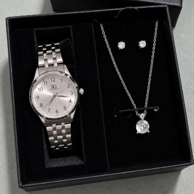 Kit Relógio, Colar e Brincos de Prata Feminino Saint Germain 28mm