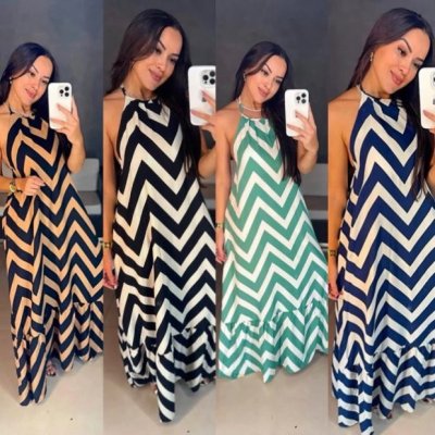 Vestido Feminino Longo Estampado Zig Zag Elegante