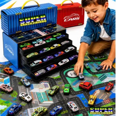 Maleta 48 Carrinhos + Tapete Pista 40x60 Estacionamento - Super Brasileirinho