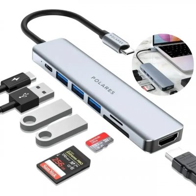 Adaptador Hub Usb-c Compatível Com Macbook Air M1 M2 Dex Hdmi 4k 7 Em 1 Cinza — Hub USB-C 7 em 1 com HDMI 4K