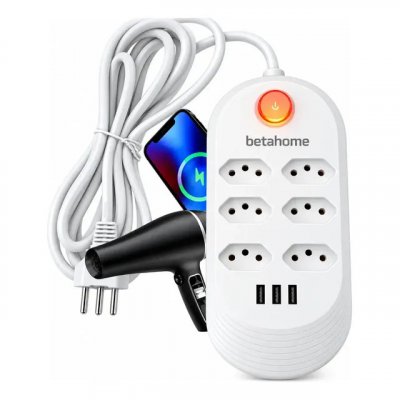 Filtro de Linha Betahome com 6 Tomadas e 3 USB — 2500W Bivolt