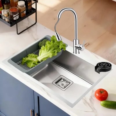 Cuba Pia Cozinha Inox 304 60x40cm com Torneira Retrátil - Kit Prateado