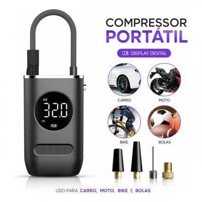 Calibrador de Ar Digital para Pneu Portátil Compressor USB Preto — prático e compacto