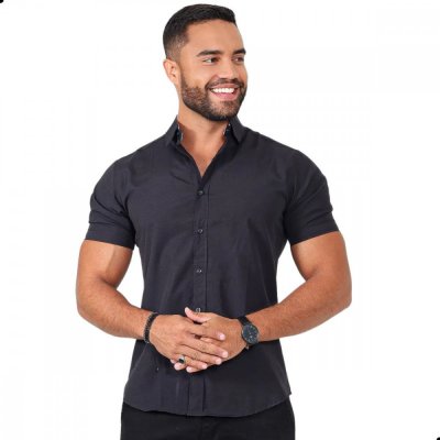 Camisa Social Masculina Slim Manga Curta Gola Italiana