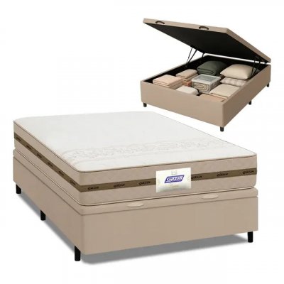 Cama Box Baú Casal Gazin Molas Flora (Bege) 138x188x63cm
