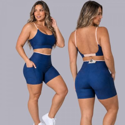 Conjunto Fitness Top e Short Azul Areia GG