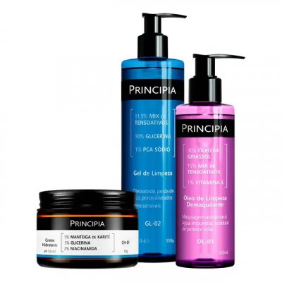 Principia Kit Limpeza e Hidratação CH-01 + OL-01 + GL-02 — Uso Dia/Noite para Todo Tipo de Pele