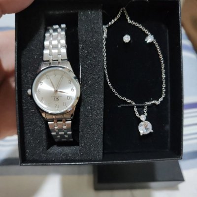 Kit Relógio Colar Brincos Luxo Prata