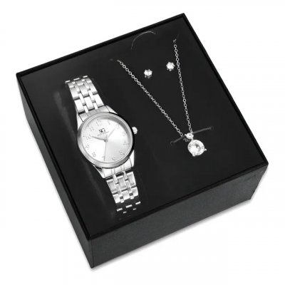 Kit Relógio Colar e Brincos Ponto De Luz Feminino Luxo Silver Saint Germain 28mm — Elegante e Clássico