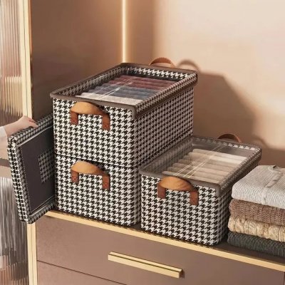 Kit 4 Caixas Organizadoras Dobráveis De Guarda Roupa Caixa Organizadora Padrão Xadrez Ideal para Roupas, Closet, Armário e Quarto